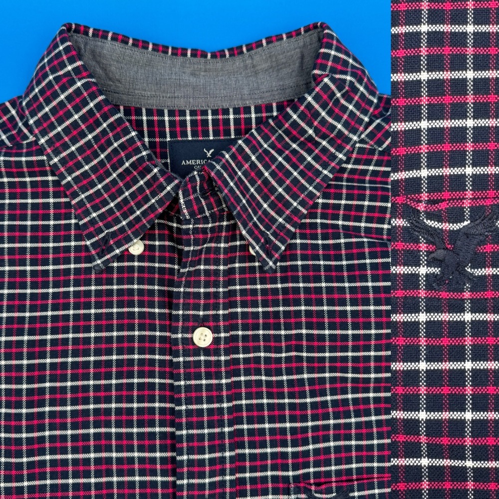 American Eagle Outfitters Mens Plaid Button‎ Down Long Sleeve Navy Pink Size L